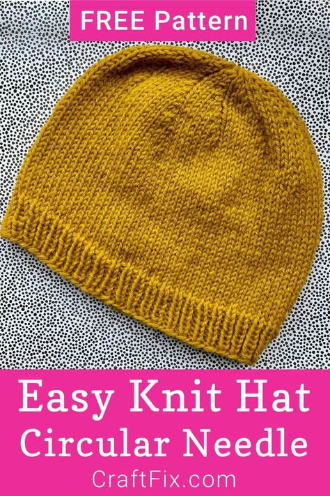 Knit Hats On Circular Needles, Free Knitting Pattern For Hats, Easy Knit Hat Circular Needles, Free Mens Beanie Knitting Patterns, Knitted Beanie Hats Free Pattern, Simple Knitted Hat Patterns Free, Knit Caps, Ladies Beanies Knitted, Knit Hat On Circular Needles