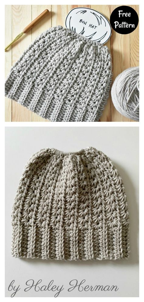 Star Stitch Bun Hat Free Crochet Pattern Stitch Bun, Crochet Messy Bun Hat Pattern Free, Messy Bun Beanie Crochet Pattern, Crochet Ponytail Beanie, Crochet Ponytail Hat, Cute Crochet Ideas, Crochet Ponytail Hat Pattern, Crochet Hats Free Pattern Ladies, Messy Bun Hat Crochet Pattern