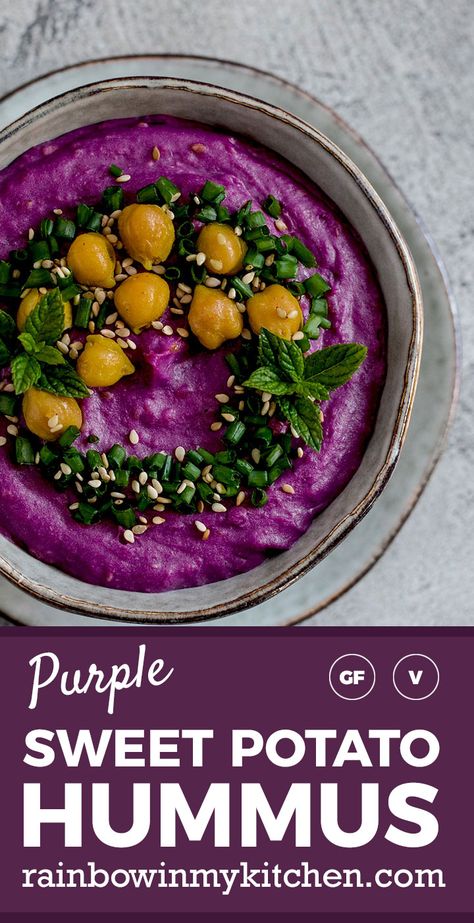 Purple Sweet Potato Hummus, Purple Sweet Potato Wraps, Purple Hummus, Purple Food Ideas Snacks, Purple Appetizers, Purple Yam Recipe, Purple Foods For Party, Purple Party Foods, Purple Sweet Potato Recipes