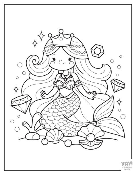 Princess mermaid with crown and jewels Mermaid Colouring In Pages, Mermaid Coloring Pages Free Printable, Free Mermaid Coloring Pages, Cute Coloring Pages For Kids, Cute Printables, Free Planner Pages, Sunken Treasure, Princess Mermaid, Free Christmas Coloring Pages