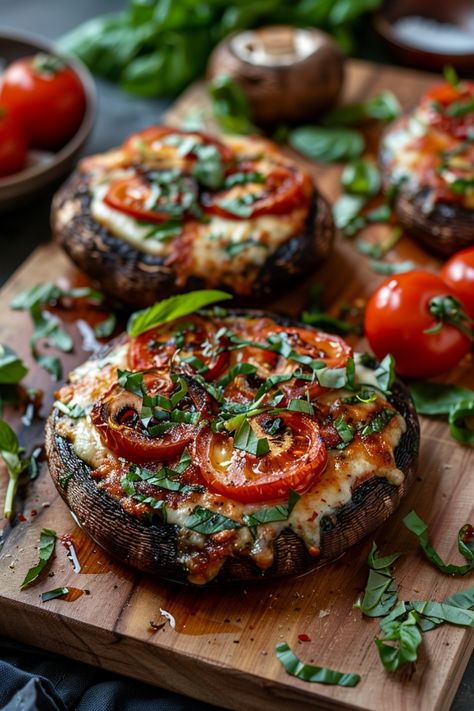 Stuffed portobello mushrooms topped with melted cheese, tomatoes, and fresh basil on a wooden board. Garlic, Butter, Chicken, Stuffed Portobello Mushrooms, Stuffed Portobello, Caprese Chicken, Chicken Stuffed, Garlic Butter, Portobello