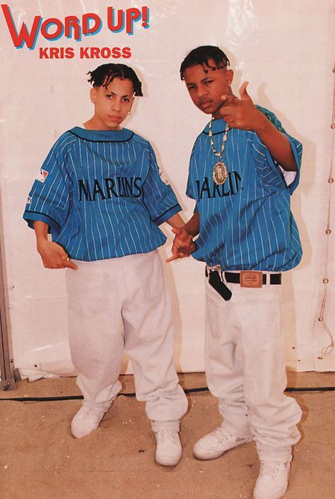 'Kris Kross', was a rap duo of the 1990s comprising Chris "Mac Daddy" Kelly and Chris "Daddy Mac" Smith. The duo are best known for their hit 1992 song "Jump", which was no.1 on the Billboard Hot 100 for eight weeks and was certified double platinum as a single. Kris Kross 90s, 1990s Fashion Hip Hop, 90s Fashion Men Outfits, 90s Outfit Party Hip Hop, Fashion Men Outfits, 90s Outfits Party, Kriss Kross, 90s Fashion Outfits Hip Hop, Kris Kross