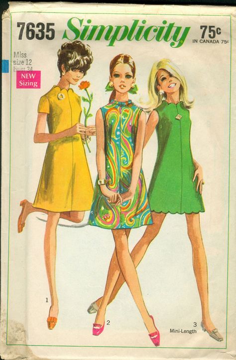 Simplicity 7635 Old Sewing Patterns, Neckline Sewing, Mini Dress Pattern, 1960s Mini Dress, Simplicity Patterns Dresses, 1960s Dresses, Patron Vintage, 1960 Fashion, Robes Vintage