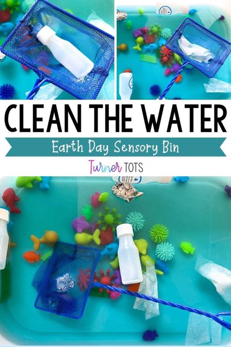 Looking for a fun activity for your Earth Day weekly lesson plans? Look no further than the clean the water sensory bin! This Earth Day sensory bin will help your little ones learn about the importance of clean water while working on fine motor development. Scoop the trash out of the water with this fine motor activity. See this and more Earth Day activities at turnertots.com. Earth Day Fine Motor For Toddlers, See Activities For Preschool, Water Sensory Bin Preschool, Recycle Unit For Preschool, Water Sensory Bin Ideas, Recycling Sensory Bin, Earth Day Sensory Bin, Earth Day Sensory, Water Sensory Bin