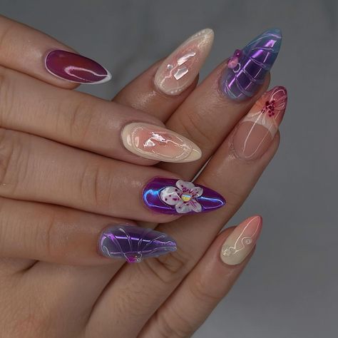 Purple Orange Nails, Nails Blue And Purple, Vacay Nails, Orchid Nails, Purple Chrome, Nail Desi, Cartoon Nails, Nagel Design, Beachy Nails