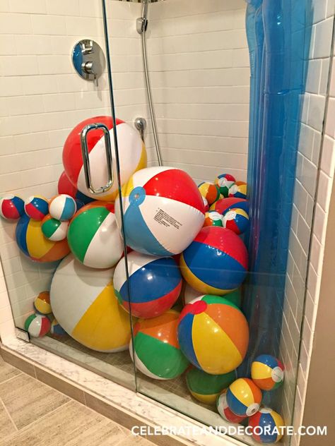 Fill the shower with beach balls for a summer party. Beach Party Ideas For Adults, Theme Cocktail Party, High Rise Condominium, Indoor Beach Party, Beach Party Ideas, Party Ideas For Adults, Indoor Beach, Summer Magic, Summer Cocktail Party