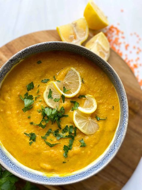 Middle Eastern Lentil Soup (Shorabet Adas) - Fufu's Kitchen Be More Descriptive, Middle Eastern Lentil Soup, Creamy Lentil Soup, Recipes Side Dishes, Chicken Veggie Soup, Baked Pita Chips, Recipes Brunch, Almond Butter Smoothie, Recipes Salads