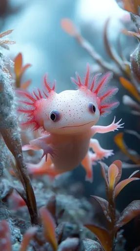 ↑↑↑ Larger size on website 🔸 A pink axolotl with feathery gills is swimming through a bed of delicate, reddish-brown aquatic plan Leucistic Axolotl, Axolotl Swimming, Pink Axolotl, Underwater Scene, Muted Tones, Aquatic Plants, Reddish Brown, Reptiles, Art Images