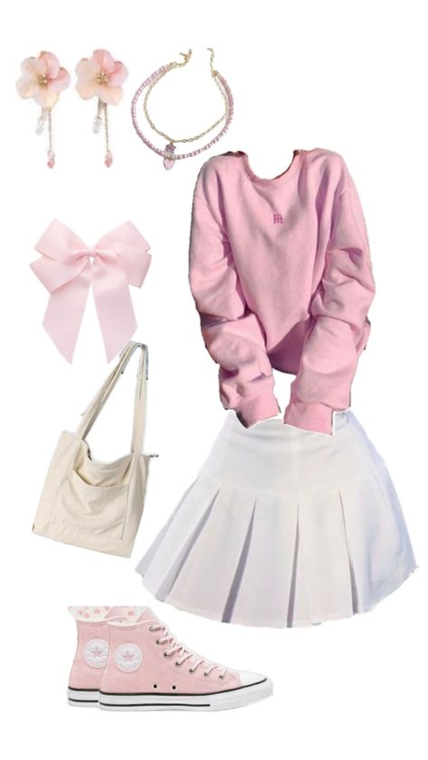 White skirt- pink sweater- pink shoes-pink bow- accessories and jewelry- tote bag Outfit Ideas Pink, Cute Summer Outfit, Summer Outfit Ideas, Girls Summer Outfits, Cute Summer Outfits, Pink Outfit, Outfit Idea, Summer Outfit, Summer Girls