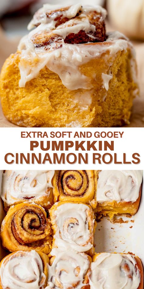 These soft and gooey pumpkin cinnamon rolls are full of cozy spices and topped with a maple cream cheese frosting. The dough is so extra soft and the pumpkin spice swirled inside makes them the best cinnamon rolls for fall. Chip Dips, Pumpkin Rolls Recipe, Thanksgiving Breakfast, Pumpkin Dishes, Pumpkin Cinnamon Rolls, Pumpkin Recipes Dessert, Cinnamon Rolls Homemade, No Knead, Baking Project