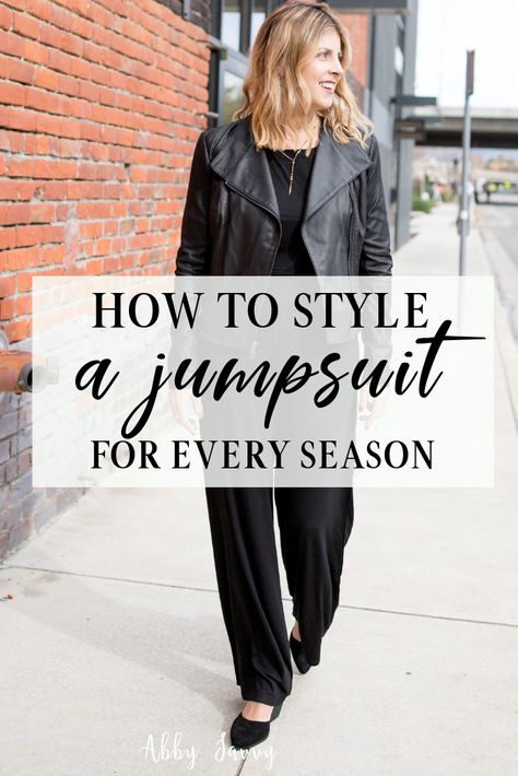 How to style a jumpsuit for any season #jumpsuit #fashion Jacket With Jumpsuit Outfit Wedding, Black Long Sleeve One Piece Outfit, Accessorize Jumpsuit, Jacket Over Jumpsuit, Black Jumpsuit Winter Outfit, Jumpsuit With Jacket Outfit, How To Accessorize A Black Jumpsuit For A Wedding, Styling A Jumpsuit For Winter, What To Wear With A Jumpsuit