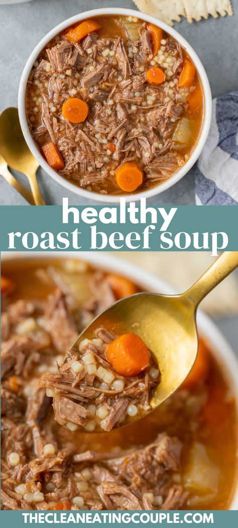 This Healthy Roast Beef Soup is cozy and delicious! An easy Pot Roast Soup Recipe with veggies that you can make in no time for dinner! Pot Roast Soup Recipes, Roast Beef Soup, Beef Pot Roast Soup, Pot Roast Soup, Healthy Roast, Roast Soup, Easy Roast Beef, Beef Soups, Couple Recipes