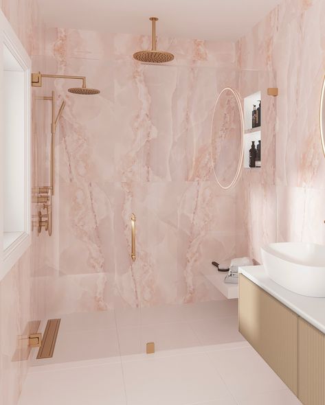 💕 This or That 💕 We are in love with the versatility of our Emporio Pink Onyx porcelain tiles! Which do you prefer— bath tub surround or shower wall? Let us know in the comments! Pink And Gold Marble Bathroom, Pink Granite Bathroom, Pink Porcelain Bathroom, Classy Pink Bathroom, Rose Marble Bathroom, Pink Marble Tile Bathroom, Bathroom Tiles Pink, Bathroom Pink Marble, Pink Quartz Bathroom