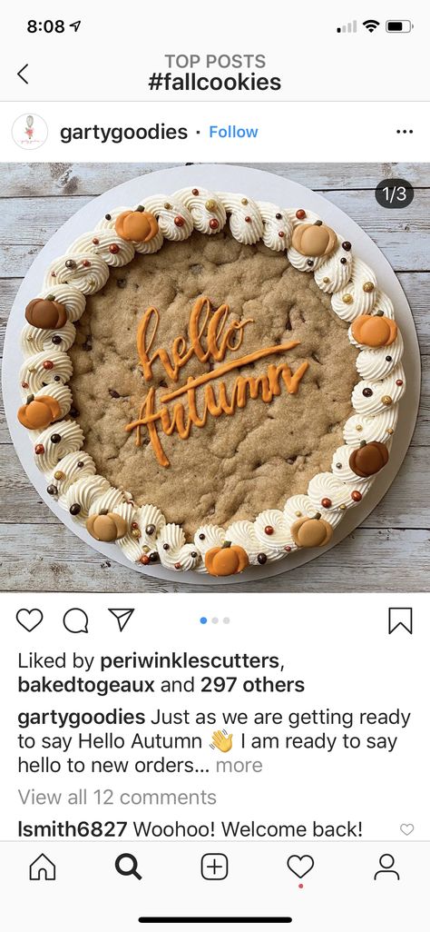 September Cookies Decorated, Fall Message Cookie Ideas, Cookie Cake Halloween Design, Cookie Cake Thanksgiving, Purple Cookie Cake, Fall Themed Cookie Cake, Thanksgiving Cookie Cake Ideas, Construction Cookie Cake, Halloween Cookie Cakes Ideas