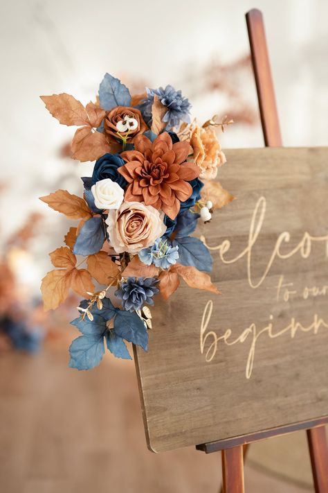 Rustic And Navy Blue Wedding, Navy Burgundy Orange Wedding, Blue And Rust Orange Wedding, Copper And Dusty Blue Wedding, Cornflower Blue And Orange Wedding, Terra Cotta And Navy Wedding, Fall Wedding With Blue Accents, Dusty Blue And Terracotta Wedding Theme, Burnt Orange Navy Blue Wedding