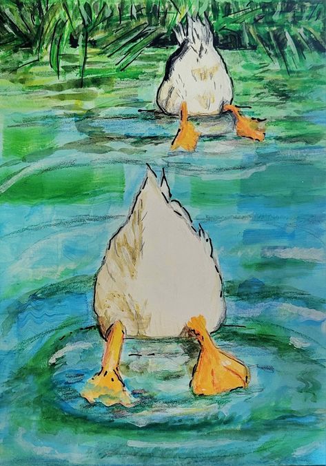 Gouache painting of duck butts. White Duck Painting, Duck Painting Cute, Duck In Water Painting, Duck Painting Easy Acrylic, Painting Ideas Duck, Funny Watercolor Paintings, Duck Pond Drawing, Bathroom Paintings Canvas, Duck Painting Acrylic