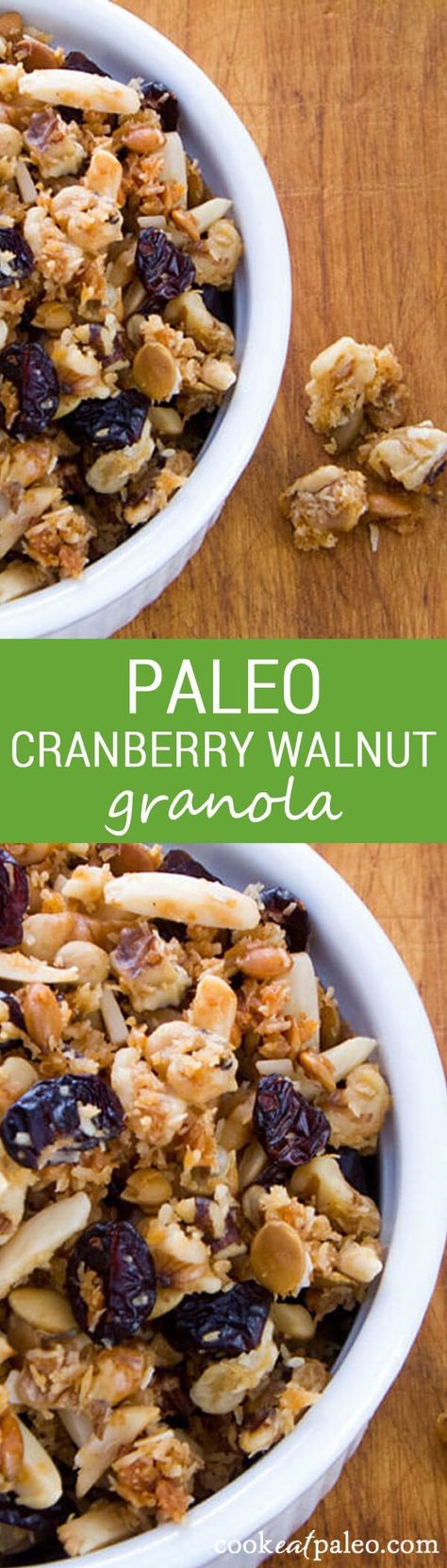 This quick and easy cranberry walnut granola is crunchy and sweet with a hint of tartness from the cranberries - a perfect homemade paleo breakfast or snack. Almond Joy Bites, Paleo Granola Recipe, Walnut Granola, Menu Sarapan Sehat, Paleo Snack, Paleo Granola, The Cranberries, Grain Free Granola, Granola Recipe