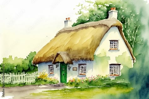 Irish Thatched Cottages, Traditional Irish Cottage, Country Sides, Cottage Watercolor, Irish Cottages, Watercolor Cottage, Watercolor Houses, Ireland Cottage, Watercolor Pencil Art