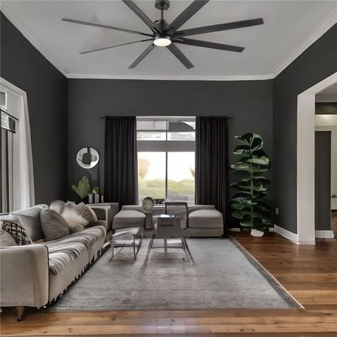 Interior Design Ceiling Fans Black, Black Fans Living Room, Black Bedroom Ceiling Fan, Ceiling Fans For Living Room, Living Room Fan Ceilings, Black Ceiling Fan Living Room, Tan Black And White Living Room, Modern Ceiling Fan Living Room, Ceiling Fans With Light Living Room