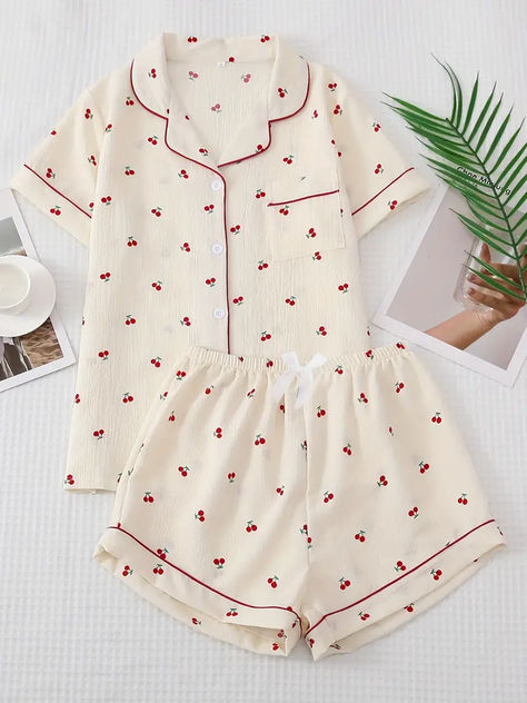 Cherry Print Pajama Set, Sweet & Cute Lapel Buttons Top And Bow Shorts, Women's Sleepwear & Loungewear, y2k pjs, affiliate Big Sleepover, Pjs Outfits, Y2k Pajamas, Pijama Soft, Cute Pijamas, Pjs Summer, Cute Lounge Sets, Cute Pajama Set, Cute Pajama