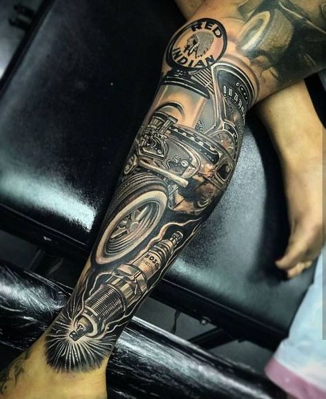 Piston Tattoo, Stile Pin Up, Biomech Tattoo, Biomechanical Tattoos, Hot Rod Tattoo, Engine Tattoo, Gear Tattoo, Harley Tattoos, Motorcycle Tattoo