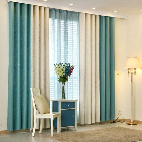 European Pastoral Style Curtain Solid Color Thicken Polyester Stitching Curtains Beige And Blue Curtain Blue Curtains Living Room, Luxury Curtains Living Room, Curtains Living Room Modern, Unique Curtains, Dining Room Curtains, Curtain Styles, Living Room Decor Curtains, Luxury Curtains, Stylish Curtains