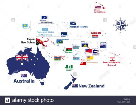 Download this stock vector: Australia and Oceania region vector high detailed map with countries names and national flags - T85CH8 from Alamy's library of millions of high resolution stock photos, illustrations and vectors. History Of Earth, Asia Continent, South Pacific Islands, National Flags, Geography Map, India Facts, Australia Map, Country Names, World Geography