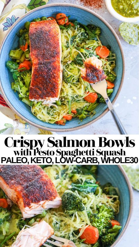 Whole 30 Salmon Bowl, Keto Salmon Bowl, Whole 30 Salmon Recipes, Whole 30 Salmon, Keto Bowls, Whole30 Salmon, Gut Food, Pesto Spaghetti Squash, Insulin Resistant