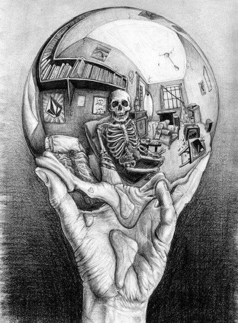 Hand Holding Reflective Sphere - Skullspiration.com - skull designs, art, fashion and more Mc Escher, Skeleton Art, A Skeleton, Dark Art Drawings, 캐릭터 드로잉, Mirror Ball, Cool Art Drawings, Memento Mori, Skull Art