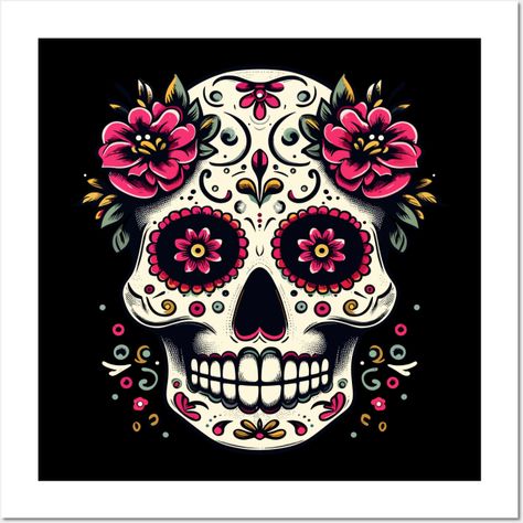 Dia de los muertos sugar skull flowers -- Choose from our vast selection of art prints and posters to match with your desired size to make the perfect print or poster. Pick your favorite: Movies, TV Shows, Art, and so much more! Available in mini, small, medium, large, and extra-large depending on the design. For men, women, and children. Perfect for decoration. Mexican Skull Art, Sugar Skull Art Drawing, Sugar Skull Crafts, Sugar Skull Wedding, Colorful Skull Art, Mexican Folklore, Sugar Skull Halloween, Skull Flowers, Skull Crafts