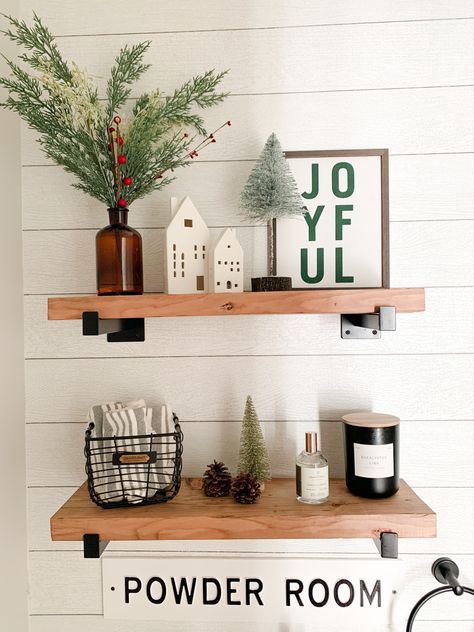 Neutral Christmas shelf decor idea Restroom Decor Ideas, Christmas Decor Shelf, Christmas Decir, Decorating Bathroom Shelves, Target Christmas Decor, Decor After Christmas, Fixer Upper Farmhouse, Cozy Christmas Living Room, Christmas Decorations Apartment