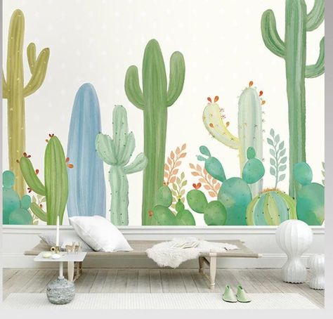 Cactus Wall Mural, Painted Cactus, Mural Nursery, Plants Wallpaper, Cactus House Plants, Mural Home, Cactus Planta, Nursery Wall Murals, Cactus Wall