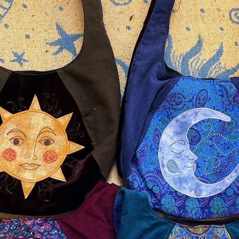 Sapphic Oracle Bag, Cottage Outfits, Art Exercises, Moon Bag, Hippie Bags, Craft Markets, Patchwork Bags, Hippie Outfits, Sun And Moon