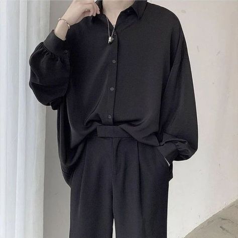 81ca0262c82e712e50c580c032d99b60desc53092396ri Blouses Casual, Harajuku Shirt, Shirt With Tie, Comfortable Blouses, Black Button Up Shirt, Costume Noir, Formal Tops, Oversized Streetwear, Black Long Sleeve Shirt