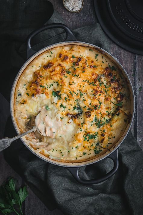 A Dutch oven of creamy, seafood pie, topped with a cheesy colcannon mash top and baked until cheesy and golden is total pie heaven. Seafood Shepards Pie, Dutch Oven Seafood Recipes, Fisherman’s Pie, Fish Pie Sauce, Seafood Pie Recipe, Homestead Journal, Seafood Pie, Creamy Seafood, Slow Roasted Tomatoes