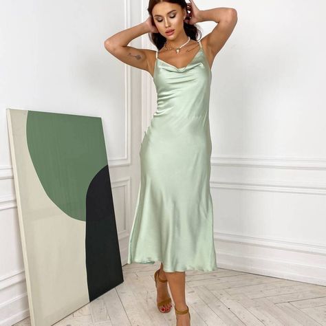 "Elegant pistachio silk slip dress for you!" Sage Satin Dress, Sage Green Silk Dress, Slip Bridesmaids Dresses, Sage Green Bridesmaid, Bias Slip Dress, Dress Sage Green, Green Silk Dress, Silk Bridesmaid Dresses, Midi Bridesmaid Dress