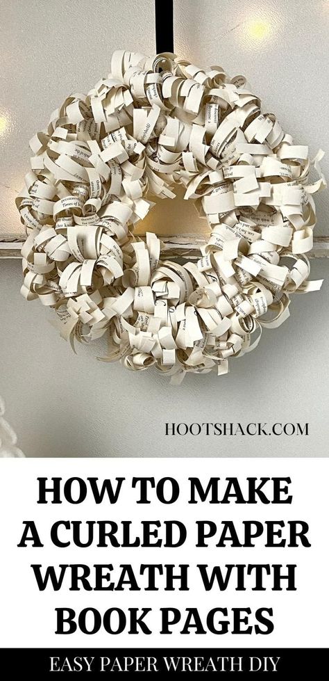 Learn how to make a curly paper wreath with book pages. This DIY book page wreath is easy to make and costs next to nothing. If you're looking for a DIY wreath idea, come check out the easy tutorial. Music Paper Wreath, Diy Paper Wreath Easy, How To Make A Paper Wreath, Book Page Flowers Diy How To Make, Book Page Wreath Diy, Book Page Crafts Christmas, Christmas Wreaths Paper, Paper Wreath Diy Christmas, Book Art Diy Easy