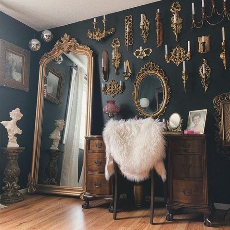 Colorful Goth Bedroom, Diy Gothic Bathroom Decor, White Witchy Bedroom, Goth Office Aesthetic, Maximalist Moody Bedroom, Whimsigothic Home Aesthetic, Witchy Maximalist Decor, Gothic Maximalist Decor, Dark Maximalism Bedrooms