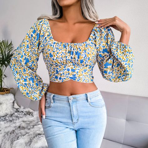 Pattern: Ditsy floral Features: Cropped, crisscross, elastic cuffs Neckline: Square neck Product measurements: S: length 14 in, bust 30 in, sleeve 23 in, shoulder 13 inM: length 14 in, bust 32 in, sleeve 24 in, shoulder 13 inL: length 14 in, bust 34 in, sleeve 24 in, shoulder 14 inXL: length 15 in, bust 35 in, waist 25 in, shoulder 14 in Material composition: 100% polyester Care: Machine wash cold. Tumble dry low. Imported Crop Top Styles, Linen Crop Top, Cropped Tops, Weave Style, Floral Crop Tops, Chiffon Shirt, One Shoulder Tops, Floral Chiffon, Lantern Sleeve