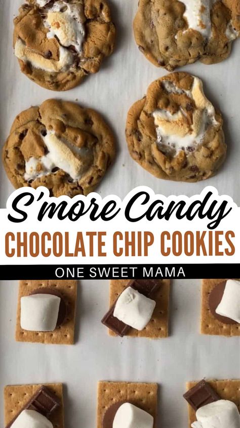 Is there any better summer dessert recipe than s'mores cookies?! This incredible summer cookie recipe gives traditional campfire smores a run for their money! This s'mores candy cookie recipe will be your new go-to once you try it!! I love to make these cookies for a party or summer BBQ dessert, because there's not a soul that doesn't love these. Try these s'more chocolate chip cookies today! #cookies #smores Smores Dessert Cookie, Chocolate Chip Cookie Smores Crockpot, Spooky Stuffed S’mores Cookies, Smores Stuffed Chocolate Chip Cookies, S’mores Cookies With Graham Crackers, S’mores Chocolate Cookie, Garbage Cookies With Chips, S’more Desert, Smores Cookies With Graham Crackers