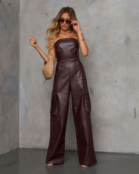 Burgundy Jumpsuit, Engagement Pictures Poses, Leather Jumpsuit, Pictures Poses, Cargo Style, Faux Leather Fabric, Engagement Pictures, Catsuit, Picture Poses