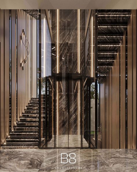 Villa Maré / Interior Design - B8 Architecture and Design Studio Luxury Staircase Design, Modern Classic Stairs Design, Classic Hotel Design, Villa Elevator, Staircase Design Modern With Lift, B8 Architecture, Modern Elevator Interior, Stairs With Elevator Design, Villa Elevator Interior Design