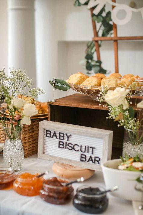 How To Throw Pinterest Perfect Gender Neutral Baby Shower | Hey Simply | Beauty & Lifestyle Blog Gender Neutral Dessert Table, Late Fall Baby Shower Ideas, Call Baby Shower Theme, Springtime Baby Shower Ideas, Cottagecore Gender Reveal, Baby Shower Bar Ideas, Biscuit Bar Ideas, Coffee Bar Baby Shower Ideas, Baby Shower Crafts For Guests