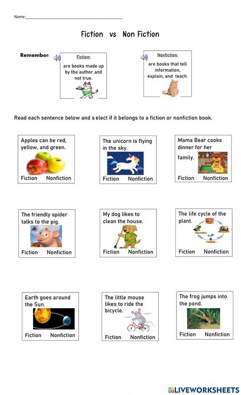 Fiction Or Nonfiction Worksheet, Fiction And Nonfiction Worksheets, Fiction Vs Nonfiction First Grade, Fiction Vs Nonfiction, Adverbs Worksheet, Picture Composition, Story Map, 1st Grade Worksheets, Fiction And Nonfiction