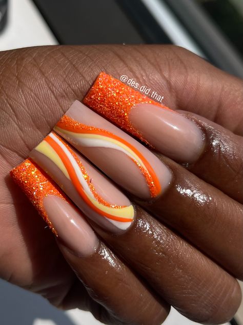 Orange Glitter French Tip Nails, Prom Nails Orange Dress, Orange Prom Nail Ideas, Orange Nails For Prom, Shades Of Orange Nails, Gold And Orange Nails, Orange Nails Glitter, Orange And Silver Nails, Orange Nails With Glitter