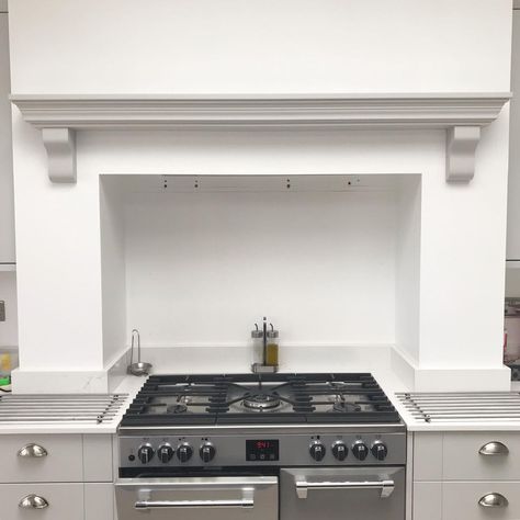 Over Cooker Mantle, Kitchen Chimney Breast Shelf, Kitchen Mantle Over Range, Range Oven In Chimney Breast, Cooker Mantle Ideas, Kitchen Hob And Chimney, Kitchen Mantle Decor, Range Cooker In Chimney Breast, Hob In Chimney Breast