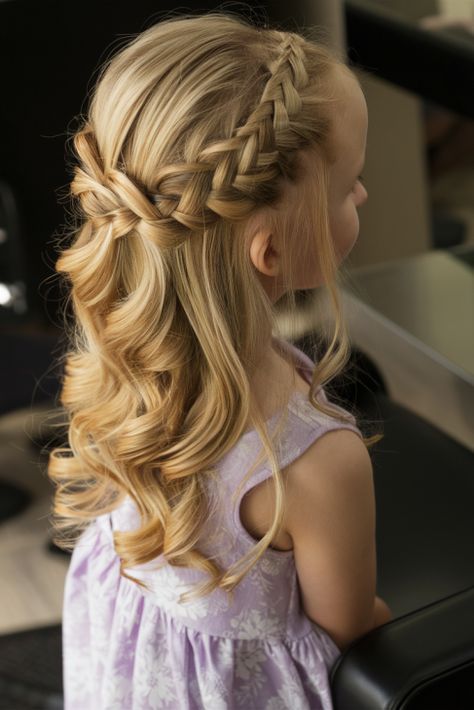 Curl With Braid Hairstyle, Easy Kid Hairstyles For Long Hair, Wedding Hair For Girls Kids, Fancy Girl Hairstyles, Flower Girl Hairstyles Braid, Girl Wedding Hairstyles Kids, Hair Styles For Long Hair Kids, Toddler Formal Hairstyles, Girls Hairstyles For Weddings