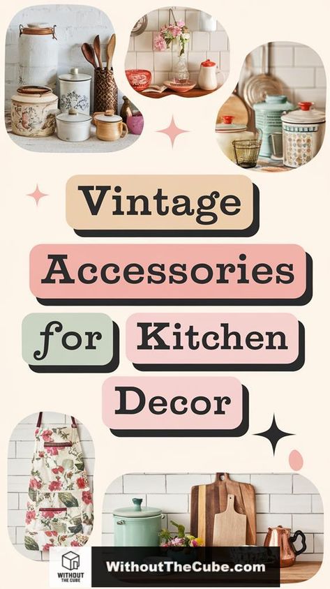 Vintage accessories can transform your kitchen into a charming and nostalgic space. Incorporating retro canisters, colorful dishware, and antique utensils not only enhances your decor but also adds functionality. Discover how these 16 essential vintage items can elevate your kitchen aesthetic and inspire your culinary creativity. #HomeDecor #KitchenDesign #VintageKitchen #RetroStyle #RusticCharm #DecorInspiration Kitchen Counter Decor Vintage, Decorating With Vintage Kitchen Utensils, Vintage Copper Kitchen Decor, Old Kitchen Utensils Decor, 90s Kitchen Decor, Thrift Kitchen Decor, Vintage Kitchen Counter Decor, Vintage Kitchen Shelf Decor, Cozy Vintage Kitchen