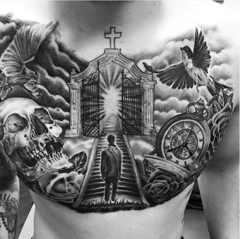 Heaven Tattoos Heaven Chest Tattoo, Stairs To Heaven Tattoo, Gates Of Heaven Tattoo, Stairway To Heaven Tattoo, Christus Tattoo, Tato Maori, Gates Of Heaven, Biblical Tattoos, Heaven Tattoos