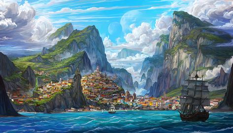 Magic Island, Fantasy Island, Fantasy City, Fantasy Setting, Fantasy Places, Fantasy Art Landscapes, Fantasy Concept Art, 판타지 아트, Environment Concept Art